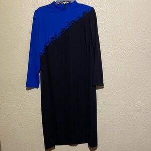Diane Roberts Dress16 Blue Black Stretch Lace Embellished Polyester Wool Blend